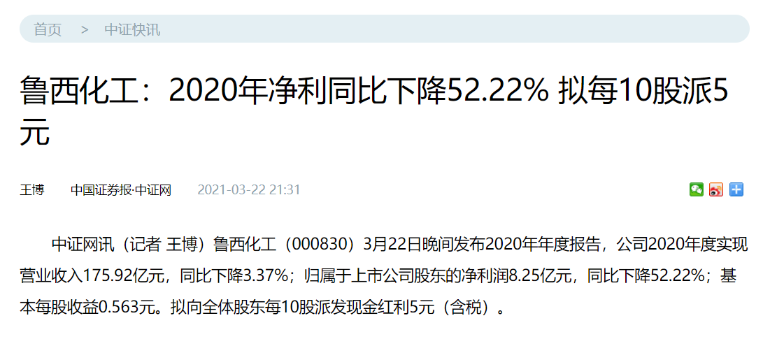 魯西化工發(fā)布2020年年報(bào)，凈利潤(rùn)同比下降52.22%！